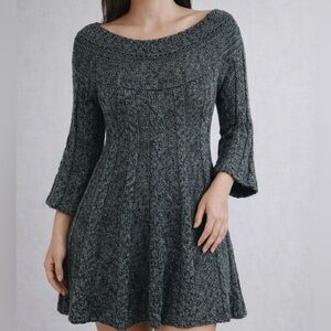 Free People Gray Cable Knit Bell Sleeve Sweater Dress M Wool Blend